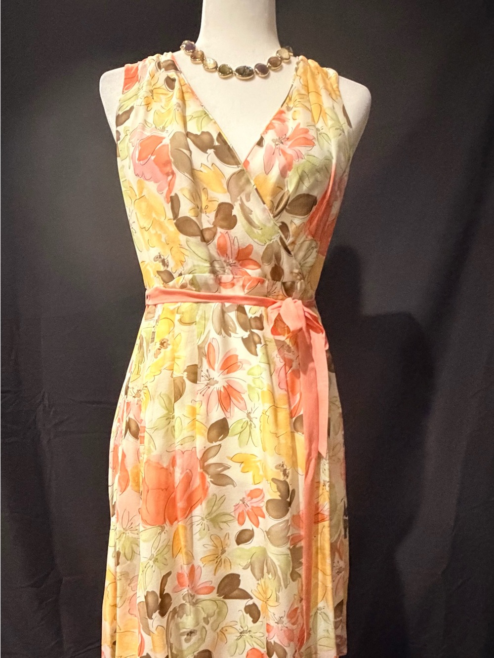 LOFT - Floral Wrap Midi Dress in Coral & Yellow